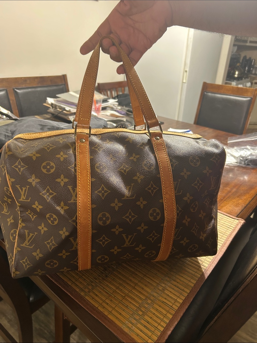 Louis Vuitton Brown Monogram leatherDuffel with Tan Leather Trim
